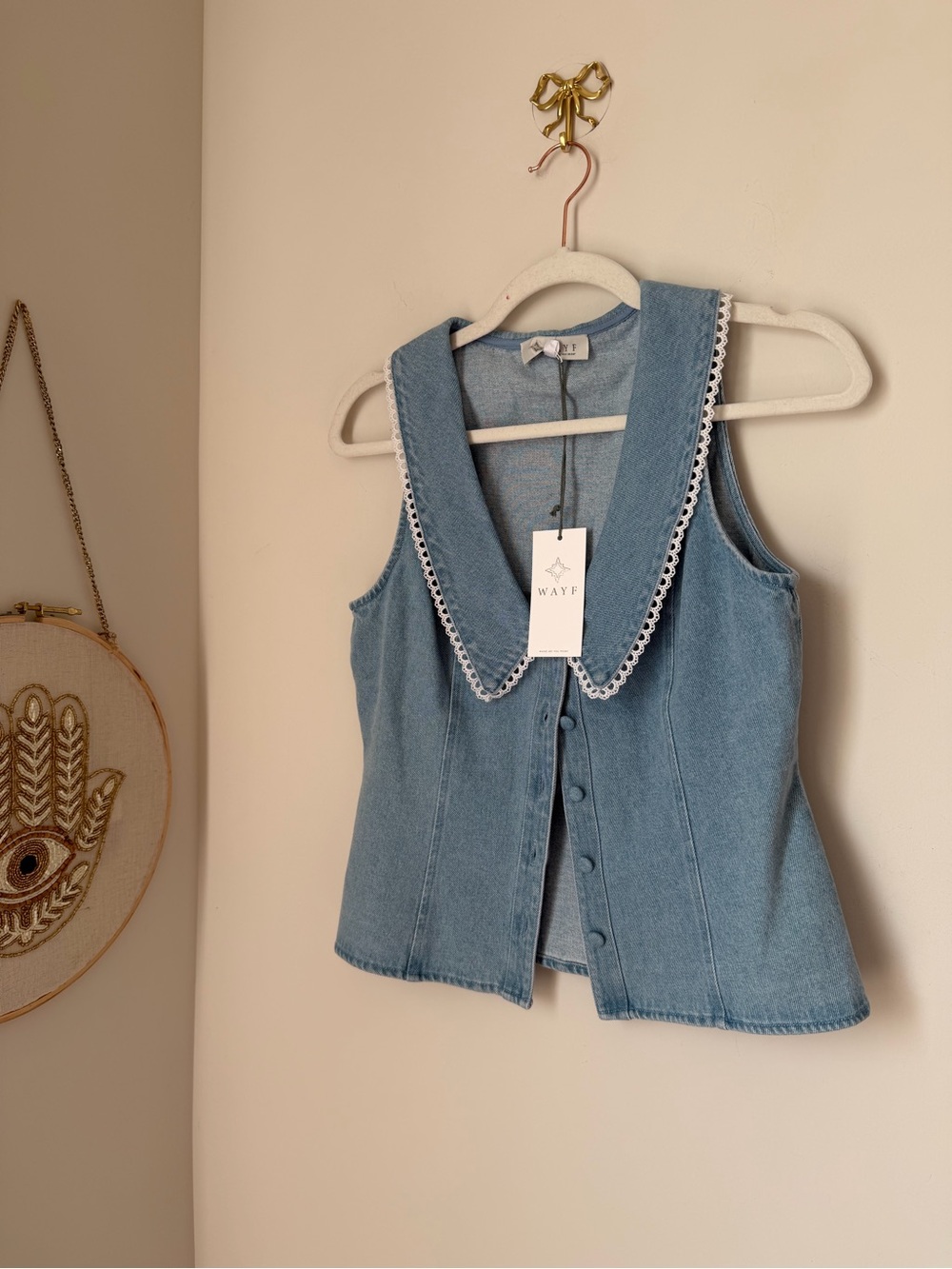Blue cotton Button up Tank top with white Lace Trim Collar
